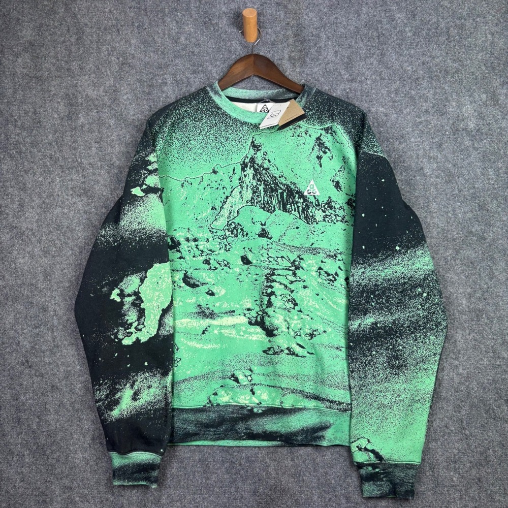 Nike ACG Sweatshirt Mens M Green Black Therma-FIT Mountain Print Oversized Crew